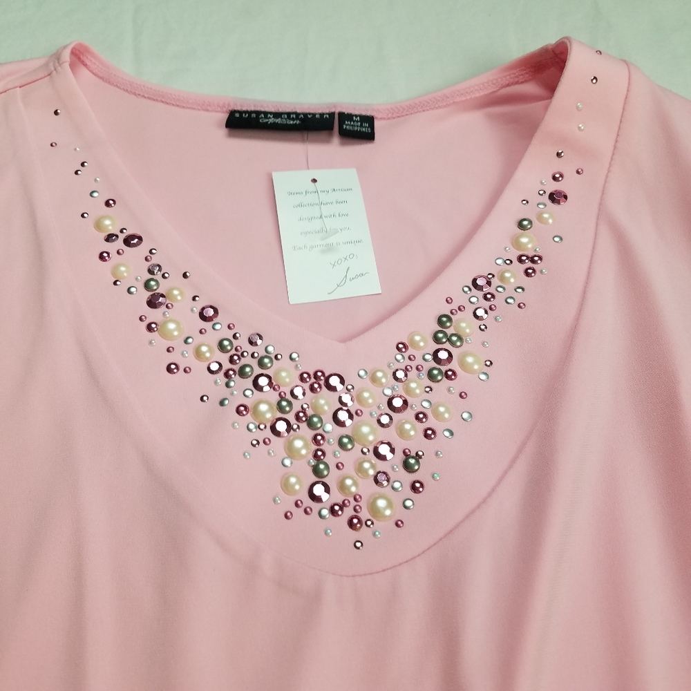 NWT Susan Graver Artisan Pink Tank Top v-neck - Picture 2 of 7